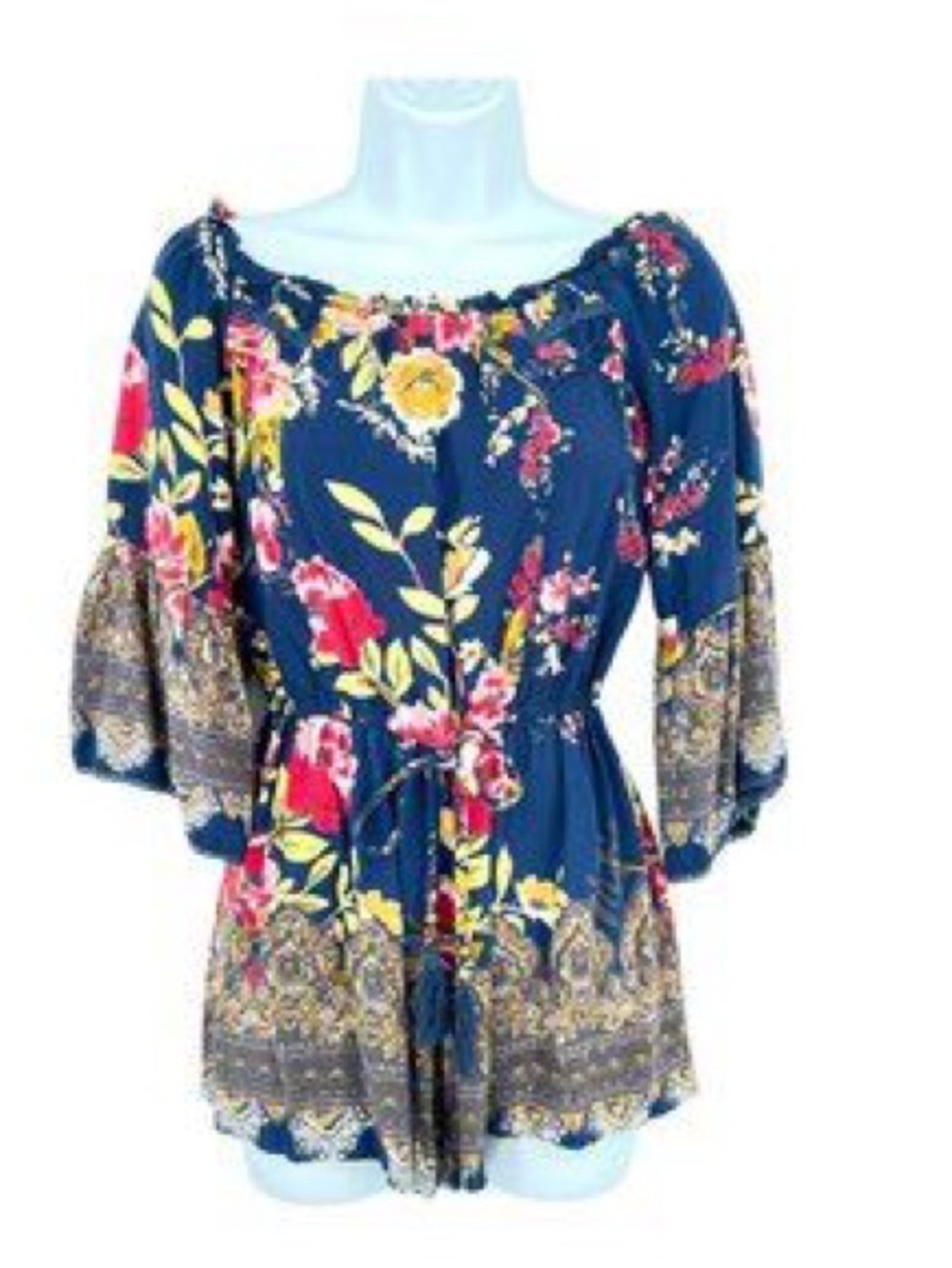 Angie Navy Floral Off-Shoulder Tunic with Red and Cream Blooms